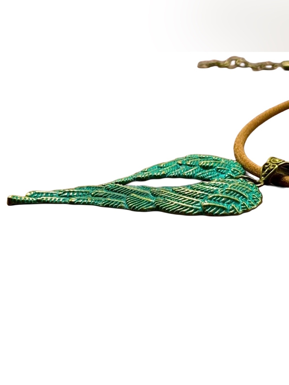 Handmade Antique Patina Angel Wings Pendant Necklace with Brown Leather Cord! - Picture 4 of 5